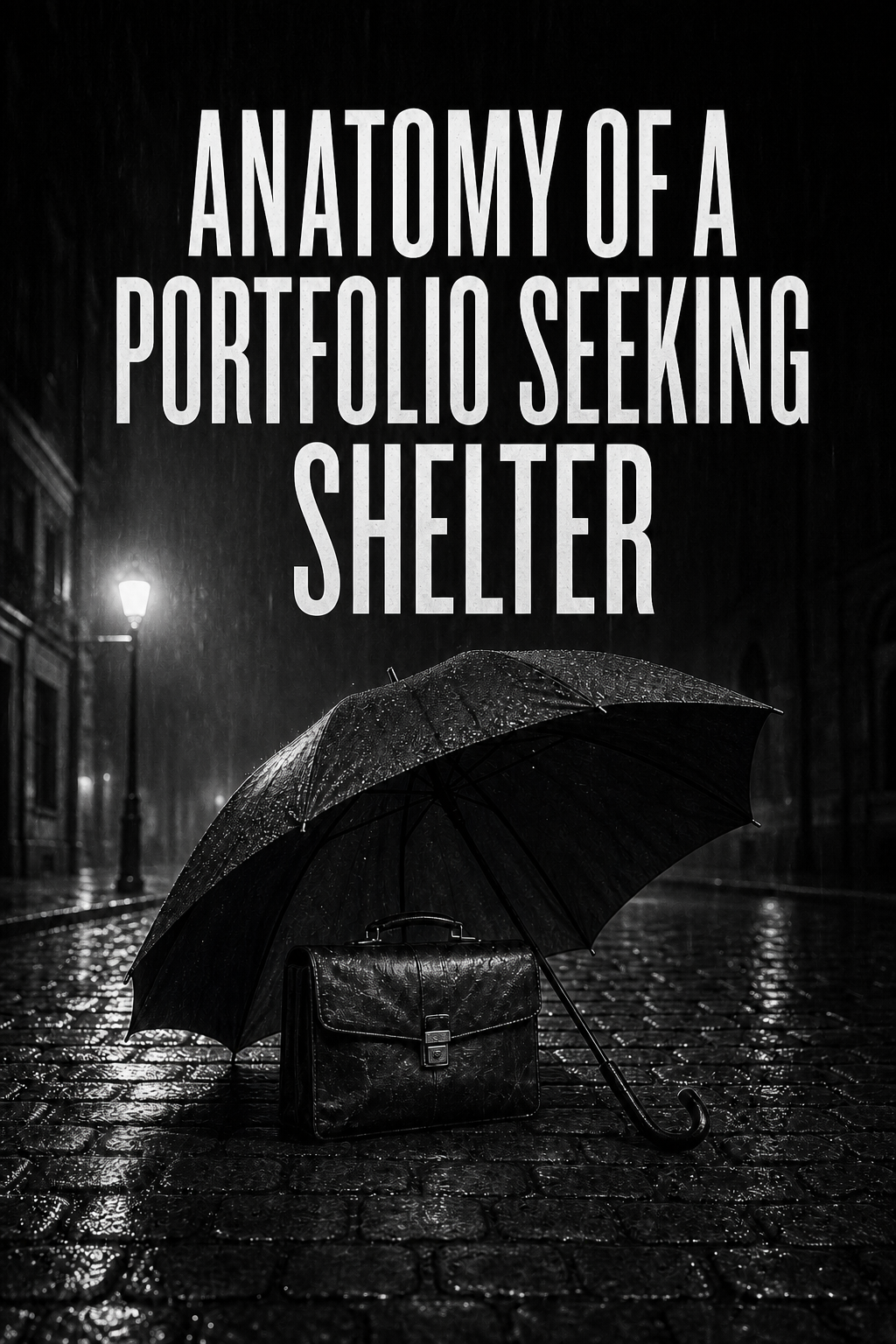 A briefcase sheltered by an umbrella on a rain-soaked cobblestone street