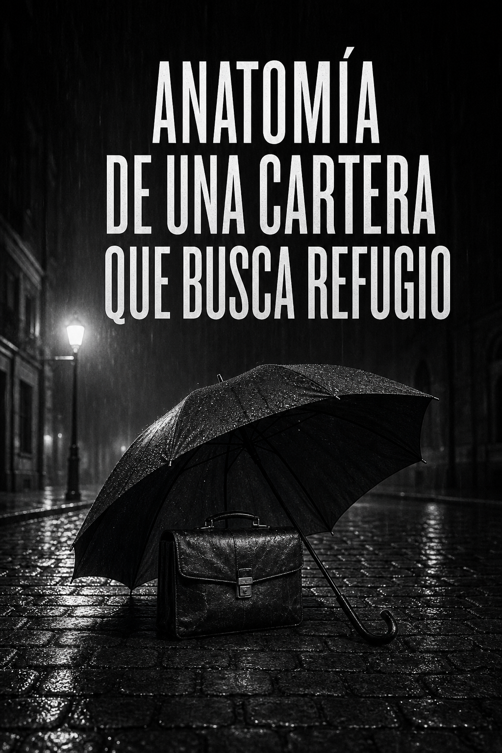 Cartera protegida por un paraguas en una calle adoquinada bajo la lluvia